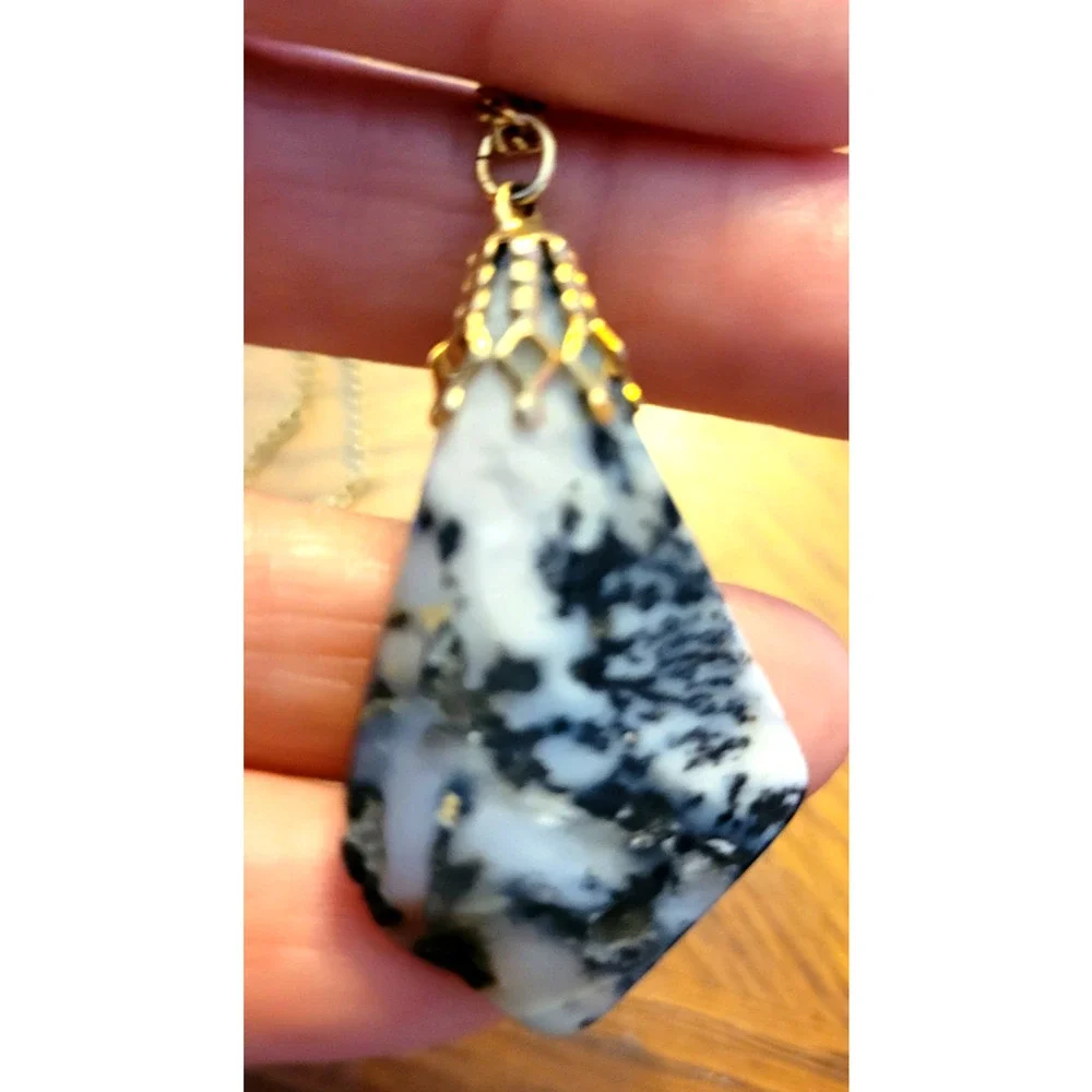 Vtg Estate Black Blue‎ Gemstone Agate Gold Tone Chain Jewelry Necklace Handmade